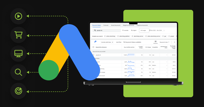 google ads platform interface with icons representing video, shopping, display, search, and performance campaign types